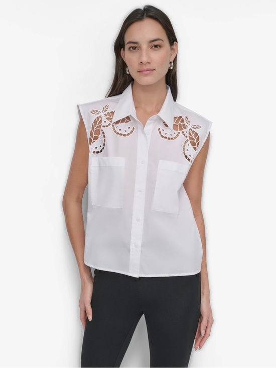 Dkny Tops - DKNY White Sleeveless Button-Down Top with Eyelet Shoulders. NWT Size XL